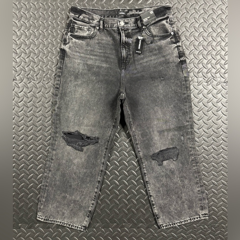 Express NWT Straight Ankle High Rise Jeans 12S Black Wash Distressed - Picture 2 of 16